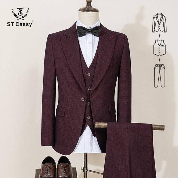Brand New Men’s Suits in Burgundy / Deep Wine Three Piece Sets - Picture 1 of 3